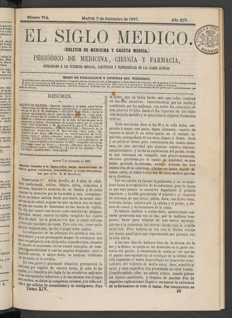 Miniatura de El Siglo Médico: boletín de medicina y gaceta médica del 7 de septiembre de 1867