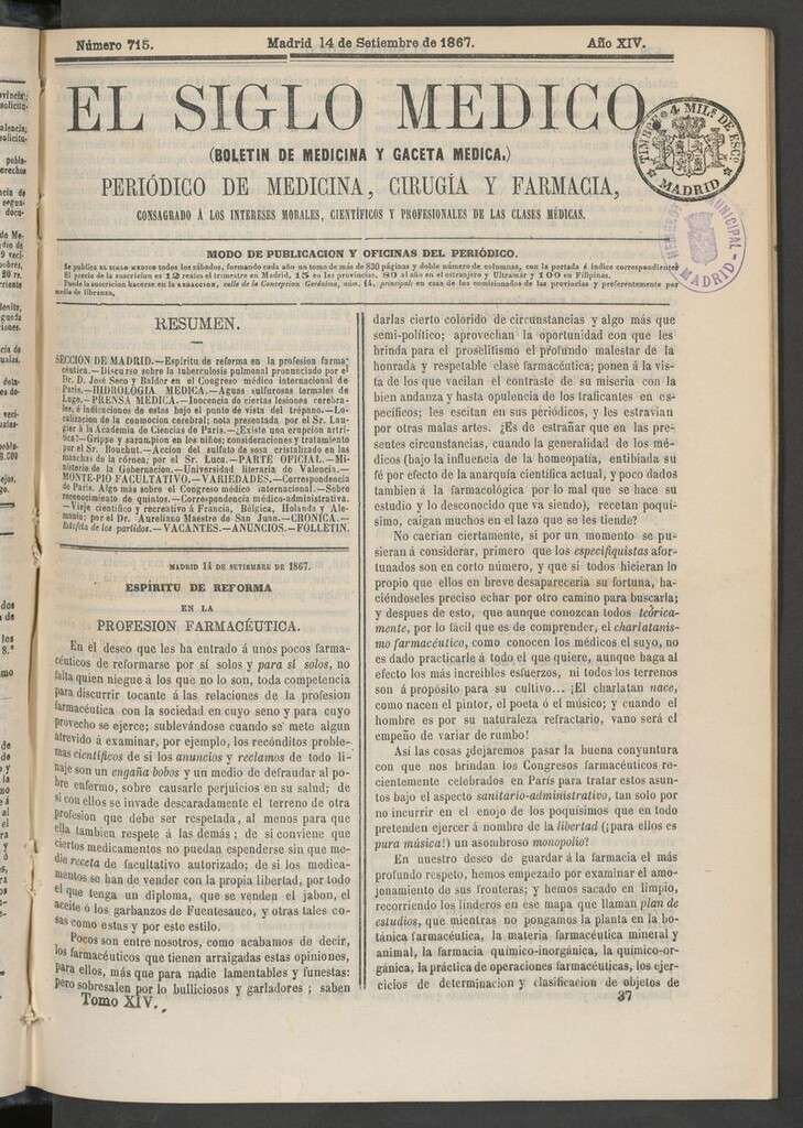 Miniatura de El Siglo Médico: boletín de medicina y gaceta médica del 14 de septiembre de 1867