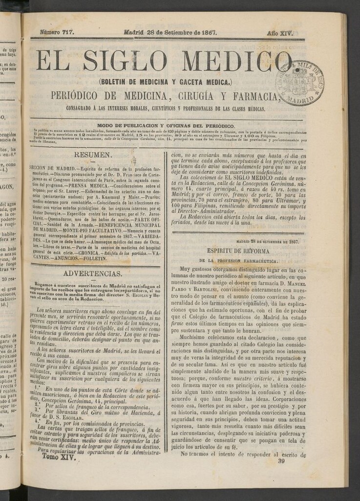 Miniatura de El Siglo Médico: boletín de medicina y gaceta médica del 28 de septiembre de 1867