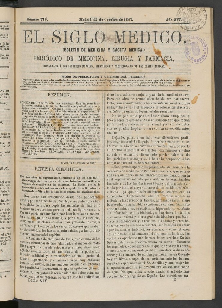 Miniatura de El Siglo Médico: boletín de medicina y gaceta médica del 12 de octubre de 1867