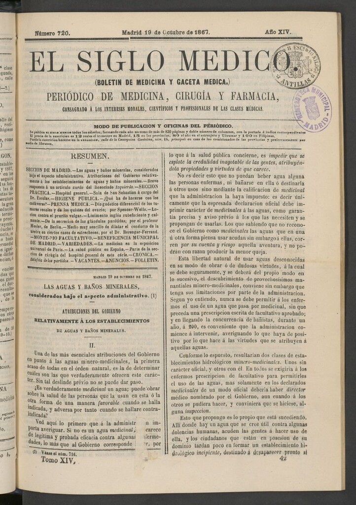 Miniatura de El Siglo Médico: boletín de medicina y gaceta médica del 19 de octubre de 1867