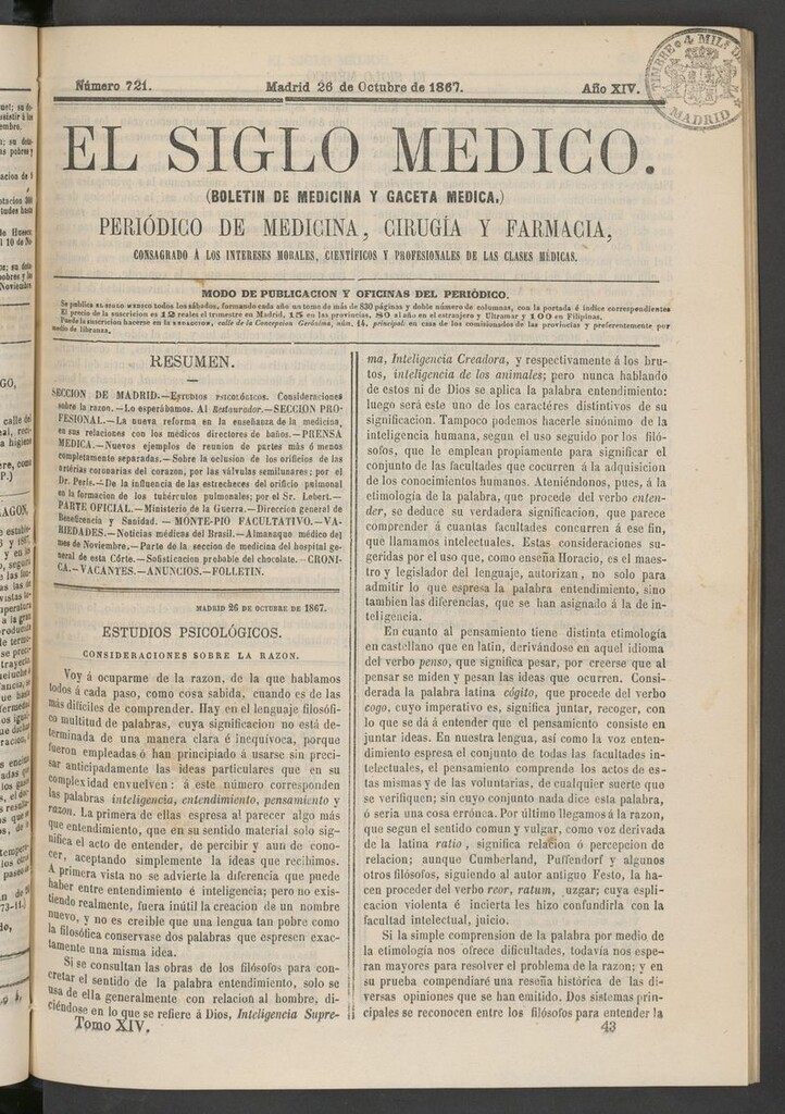 Miniatura de El Siglo Médico: boletín de medicina y gaceta médica del 26 de octubre de 1867