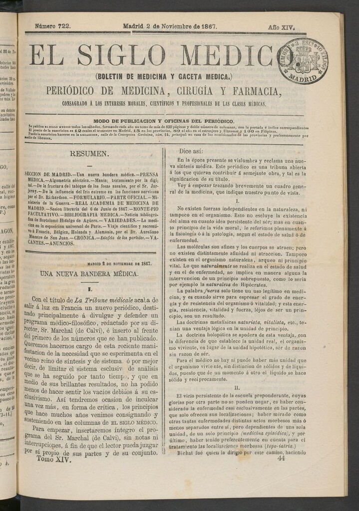 Miniatura de El Siglo Médico: boletín de medicina y gaceta médica del 2 de noviembre de 1867