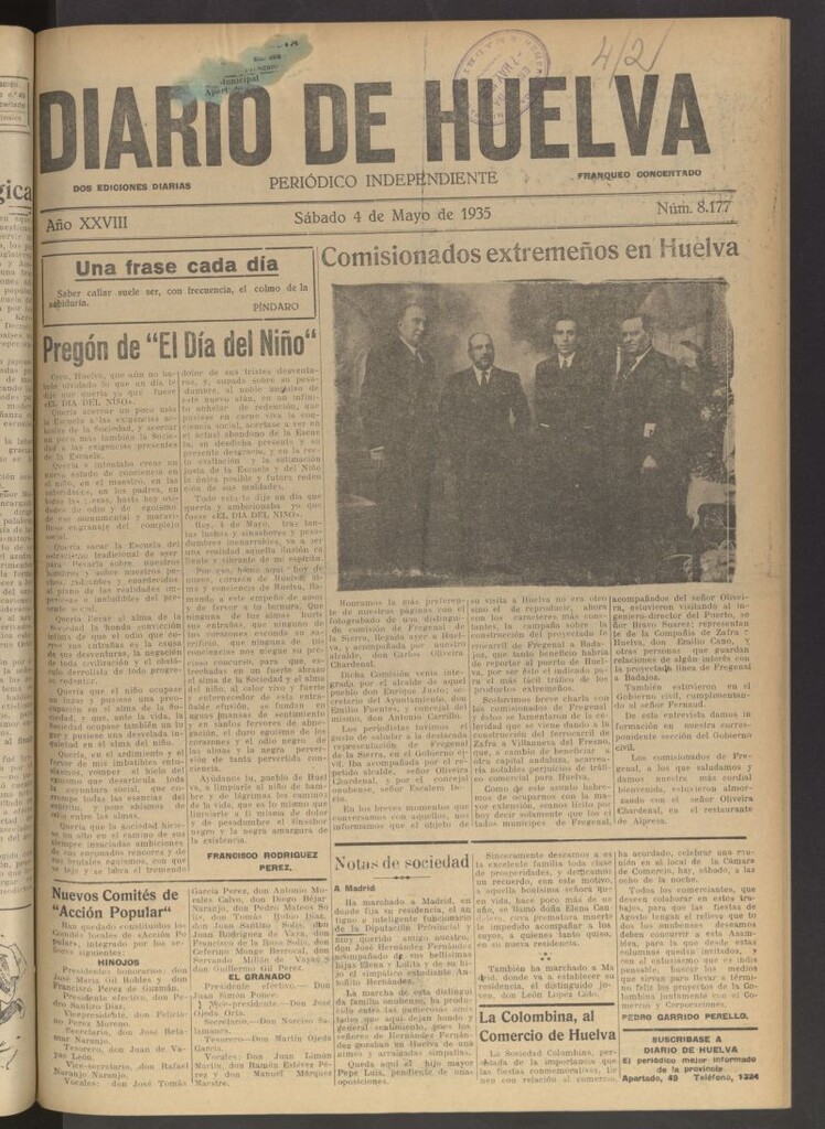 Miniatura de Diario de Huelva : periódico independiente del 4 de mayo de 1935