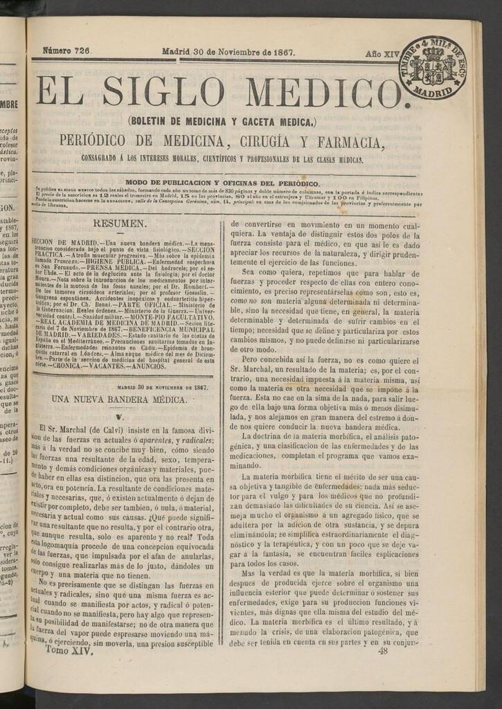Miniatura de El Siglo Médico: boletín de medicina y gaceta médica del 30 de noviembre de 1867