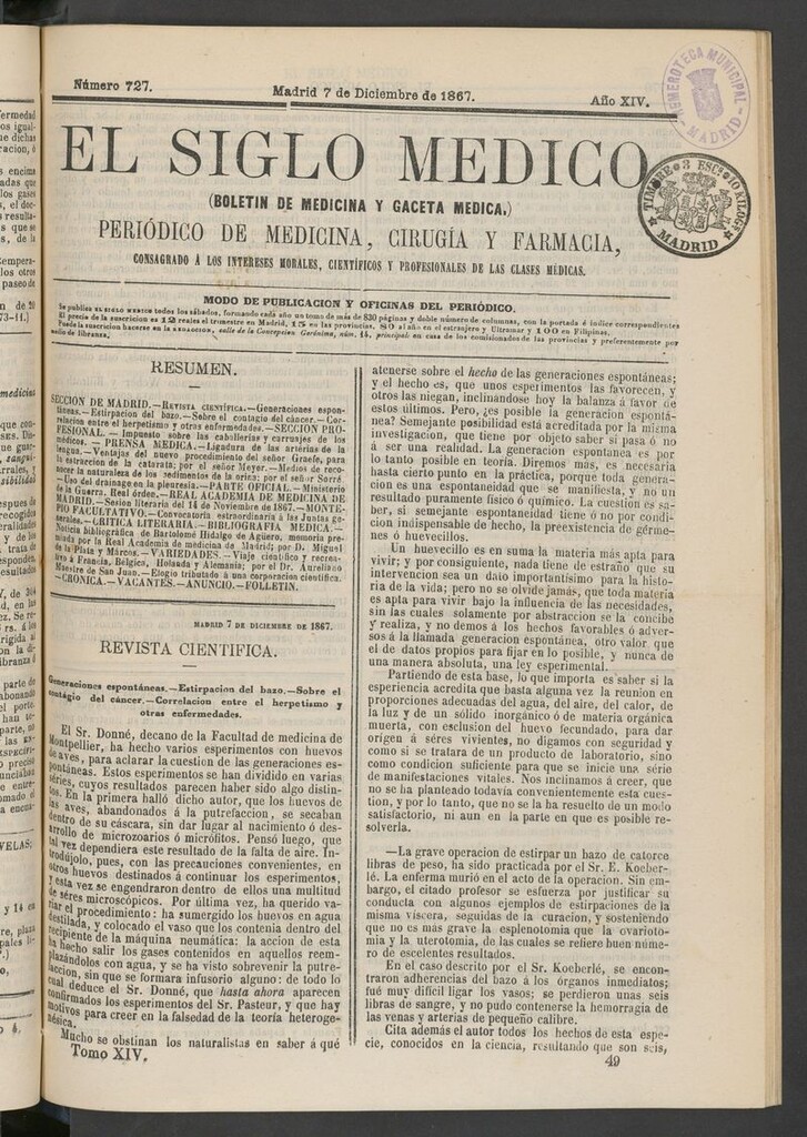 Miniatura de El Siglo Médico: boletín de medicina y gaceta médica del 7 de diciembre de 1867