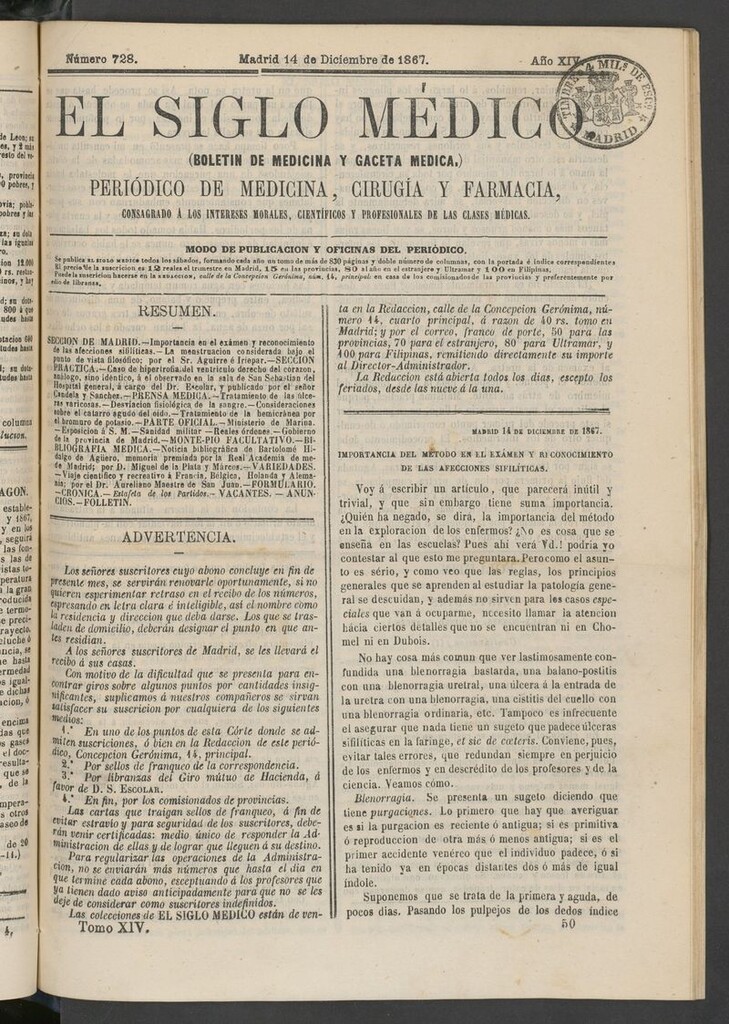 Miniatura de El Siglo Médico: boletín de medicina y gaceta médica del 14 de diciembre de 1867
