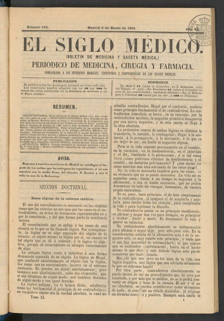 Miniatura de El Siglo Médico: boletín de medicina y gaceta médica del 3 de enero de 1864