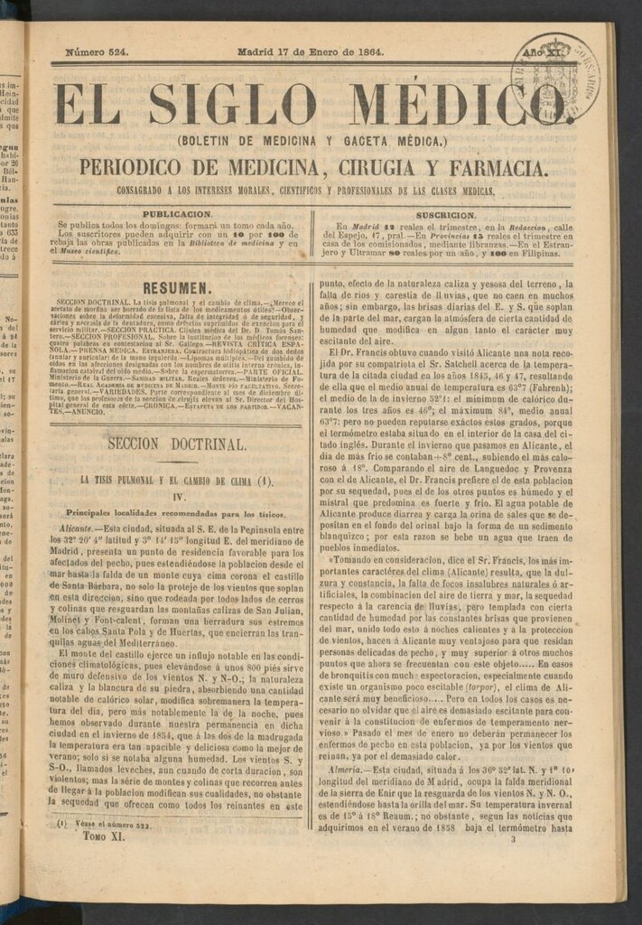 Miniatura de El Siglo Médico: boletín de medicina y gaceta médica del 17 de enero de 1864