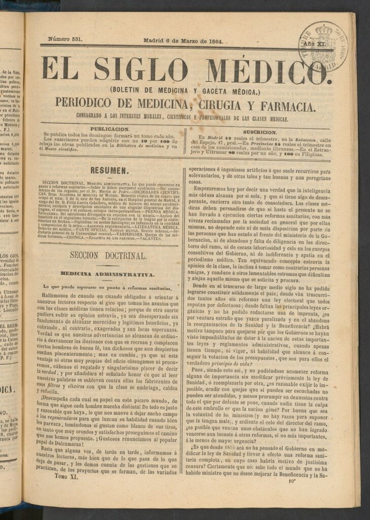 Miniatura de El Siglo Médico: boletín de medicina y gaceta médica del 6 de marzo de 1864