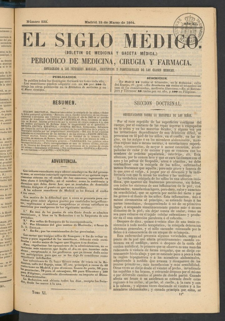 Miniatura de El Siglo Médico: boletín de medicina y gaceta médica del 13 de marzo de 1864