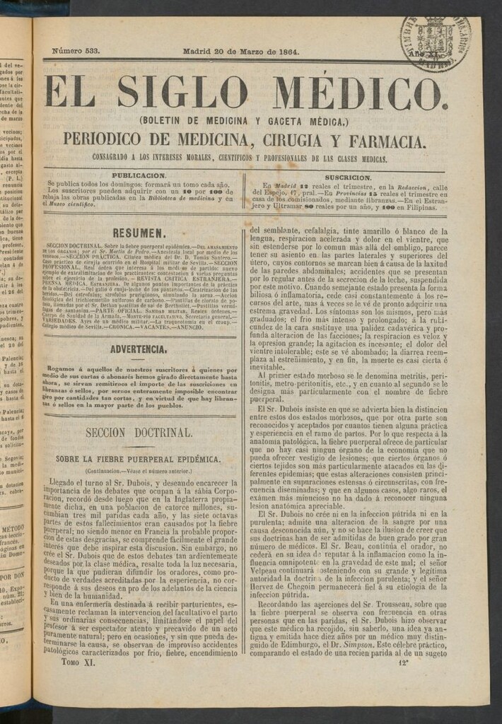 Miniatura de El Siglo Médico: boletín de medicina y gaceta médica del 20 de marzo de 1864