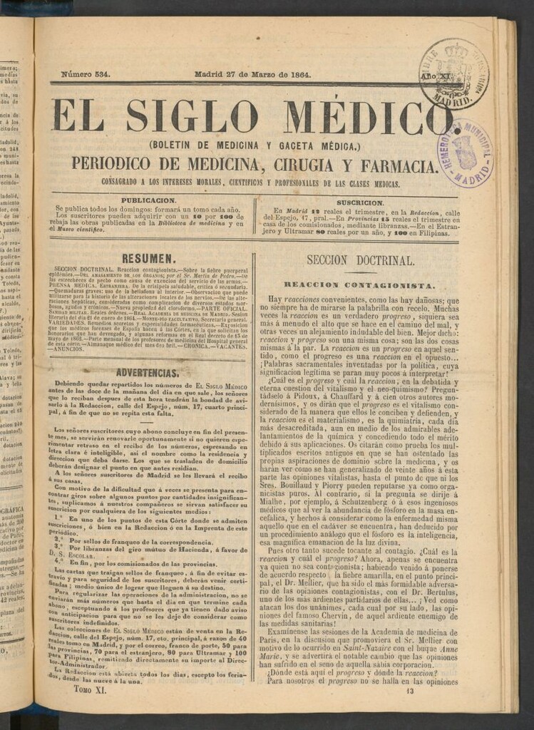 Miniatura de El Siglo Médico: boletín de medicina y gaceta médica del 27 de marzo de 1864