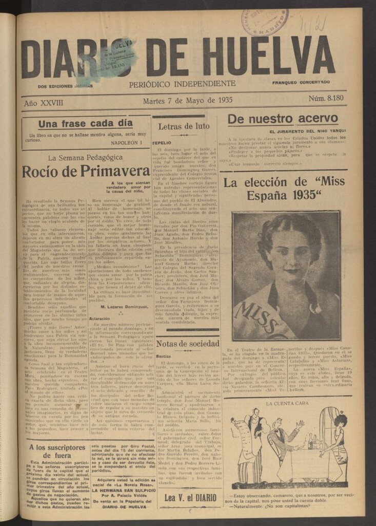 Miniatura de Diario de Huelva : periódico independiente del 7 de mayo de 1935