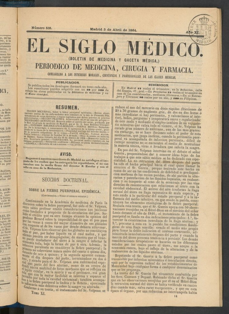 Miniatura de El Siglo Médico: boletín de medicina y gaceta médica del 3 de abril de 1864