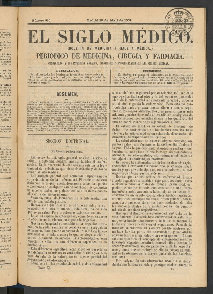 Miniatura de El Siglo Médico: boletín de medicina y gaceta médica del 10 de abril de 1864