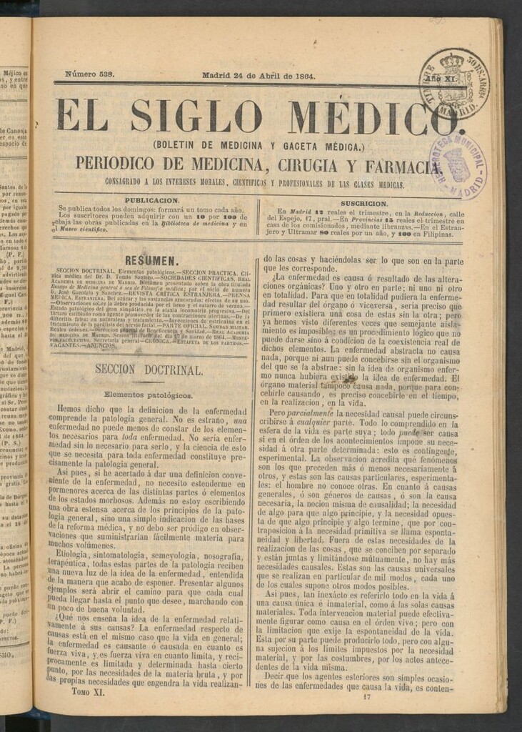Miniatura de El Siglo Médico: boletín de medicina y gaceta médica del 24 de abril de 1864