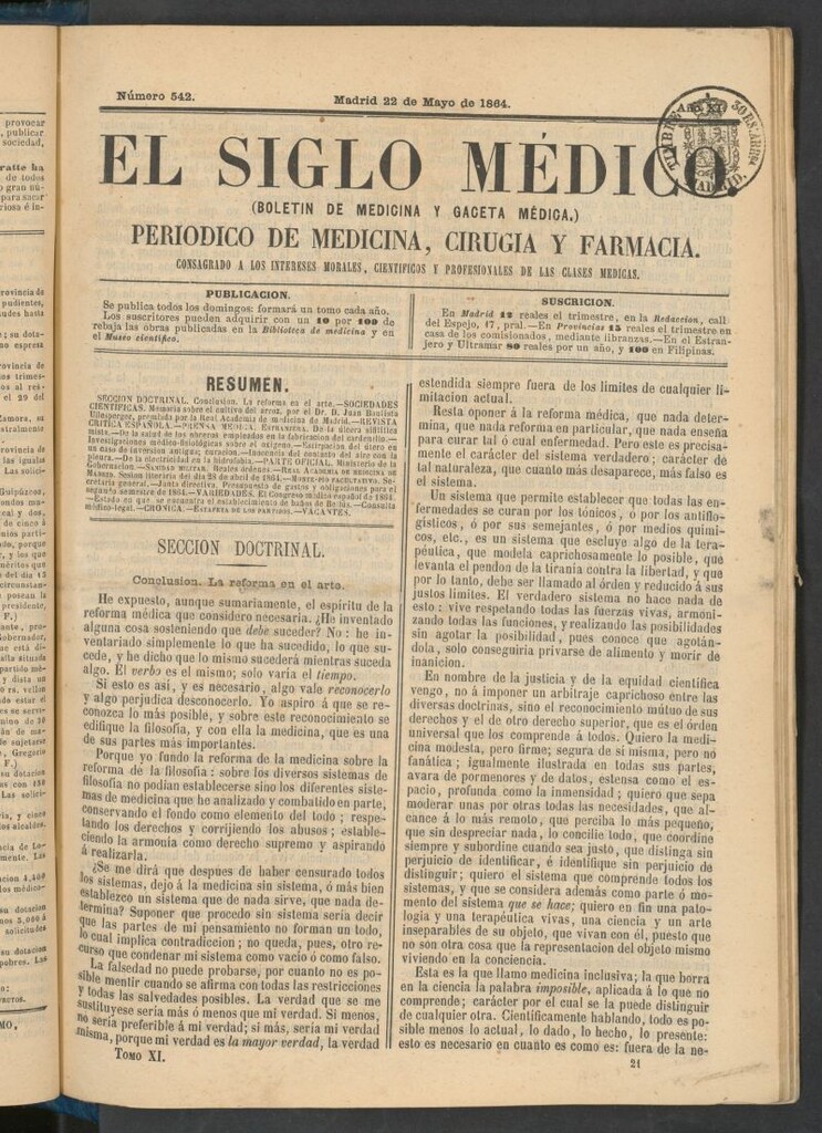Miniatura de El Siglo Médico: boletín de medicina y gaceta médica del 22 de mayo de 1864