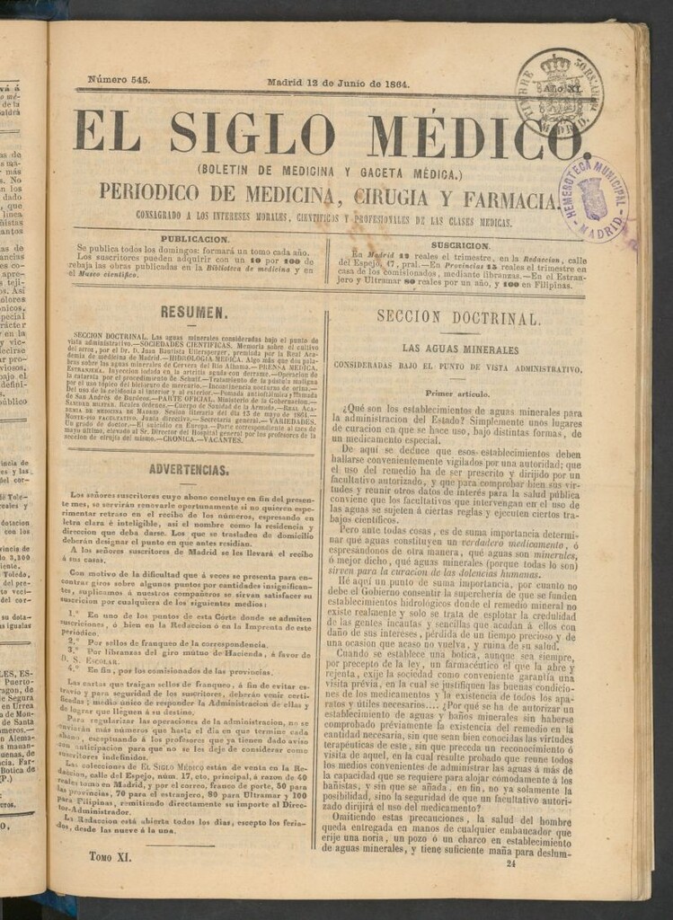 Miniatura de El Siglo Médico: boletín de medicina y gaceta médica del 12 de junio de 1864