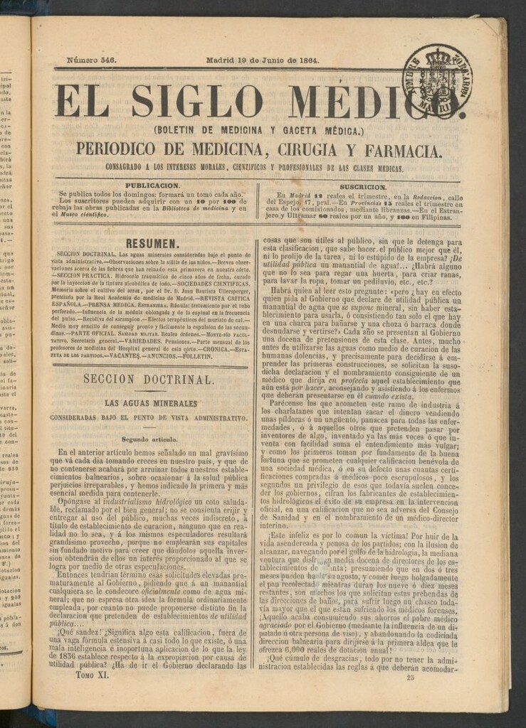Miniatura de El Siglo Médico: boletín de medicina y gaceta médica del 19 de junio de 1864