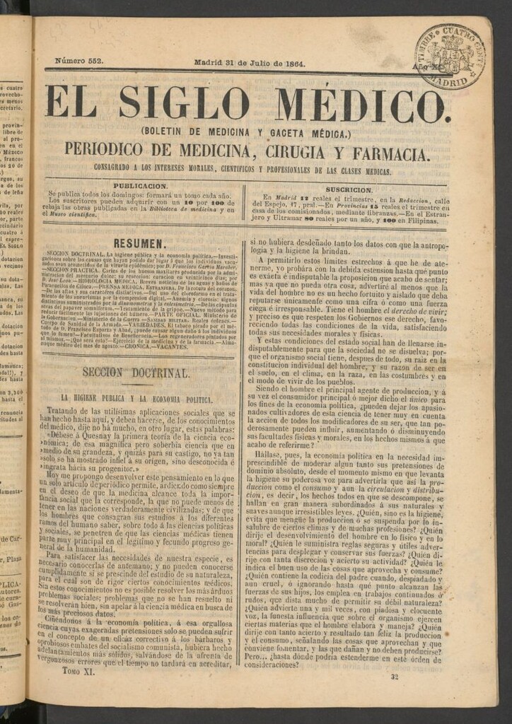 Miniatura de El Siglo Médico: boletín de medicina y gaceta médica del 31 de julio de 1864