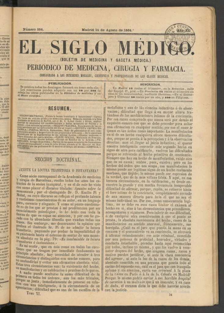 Miniatura de El Siglo Médico: boletín de medicina y gaceta médica del 14 de agosto de 1864