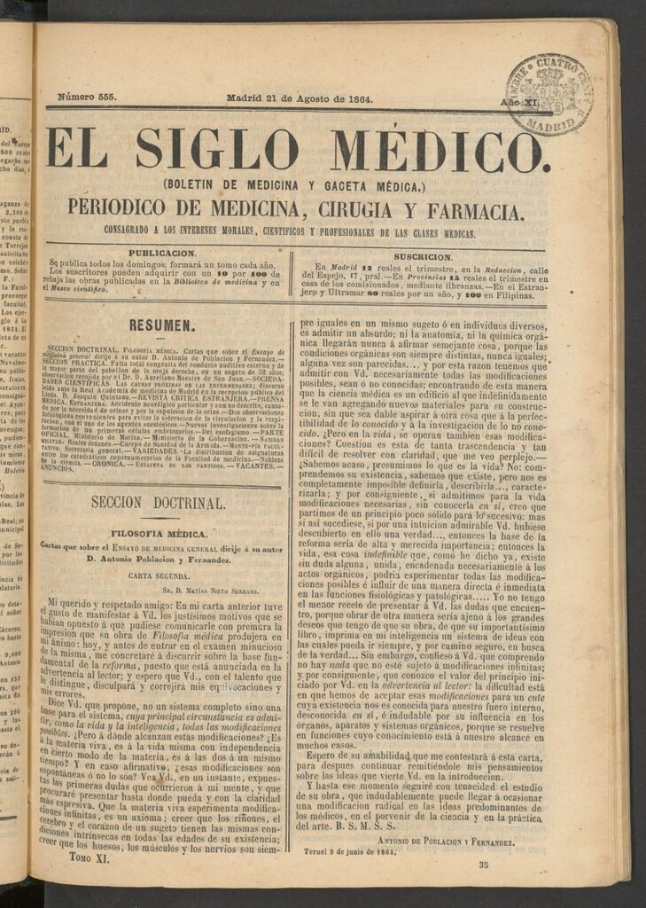 Miniatura de El Siglo Médico: boletín de medicina y gaceta médica del 21 de agosto de 1864
