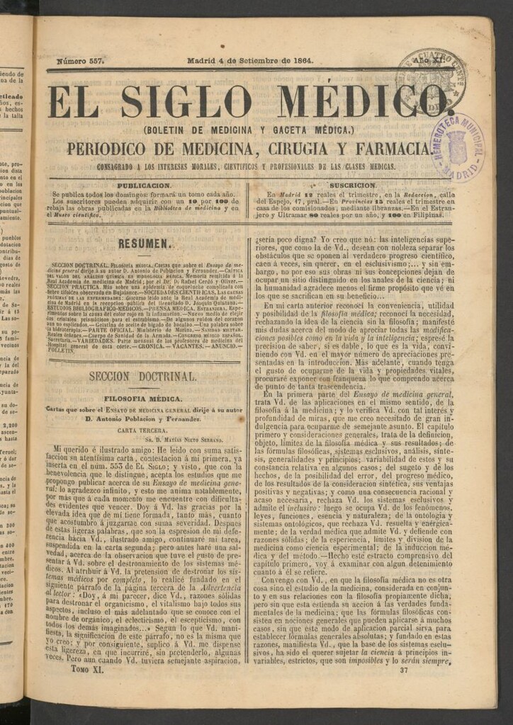 Miniatura de El Siglo Médico: boletín de medicina y gaceta médica del 4 de septiembre de 1864