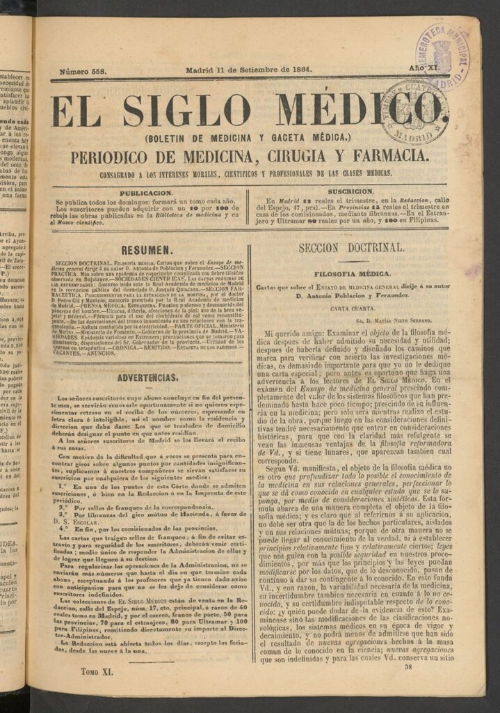 Miniatura de El Siglo Médico: boletín de medicina y gaceta médica del 11 de septiembre de 1864