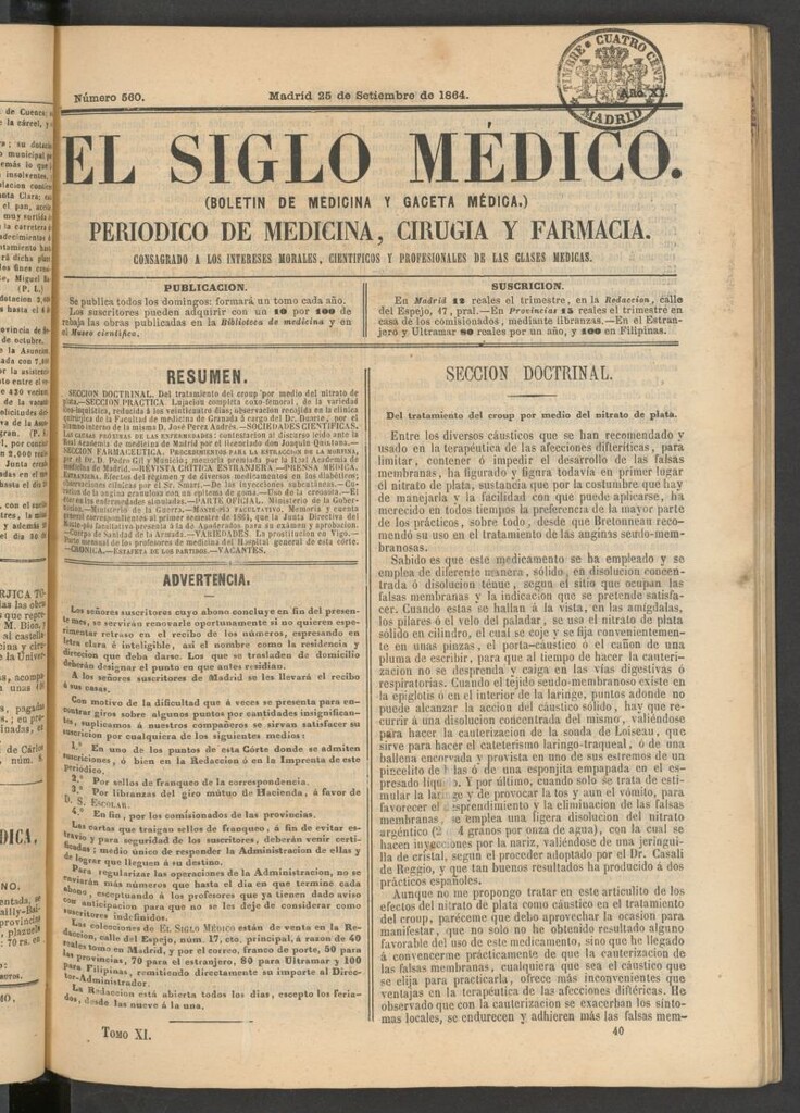 Miniatura de El Siglo Médico: boletín de medicina y gaceta médica del 25 de septiembre de 1864
