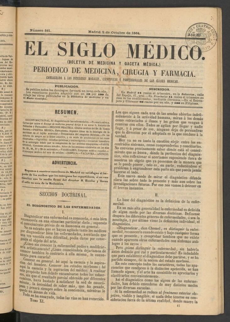 Miniatura de El Siglo Médico: boletín de medicina y gaceta médica del 2 de octubre de 1864