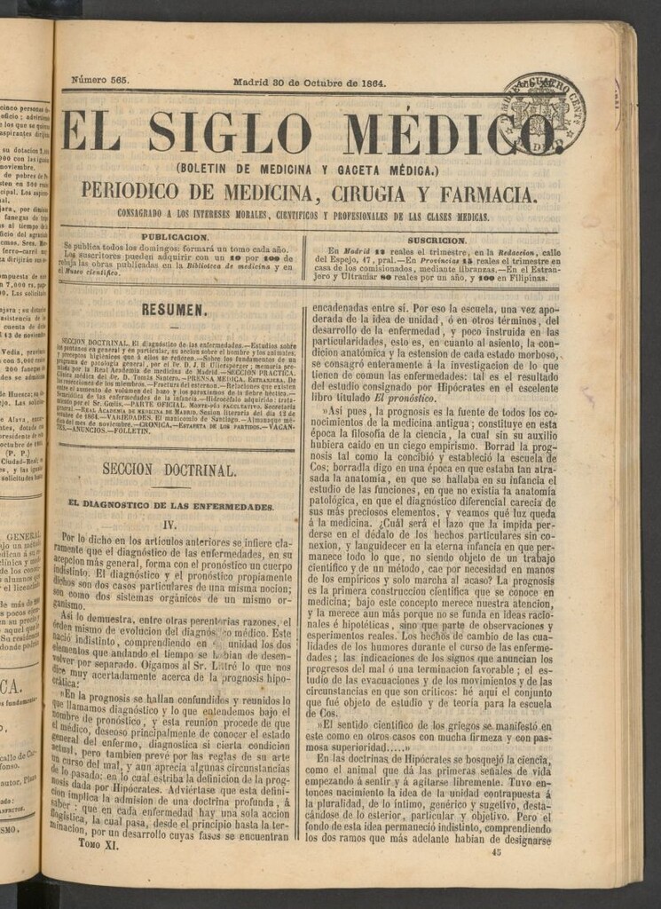 Miniatura de El Siglo Médico: boletín de medicina y gaceta médica del 30 de octubre de 1864