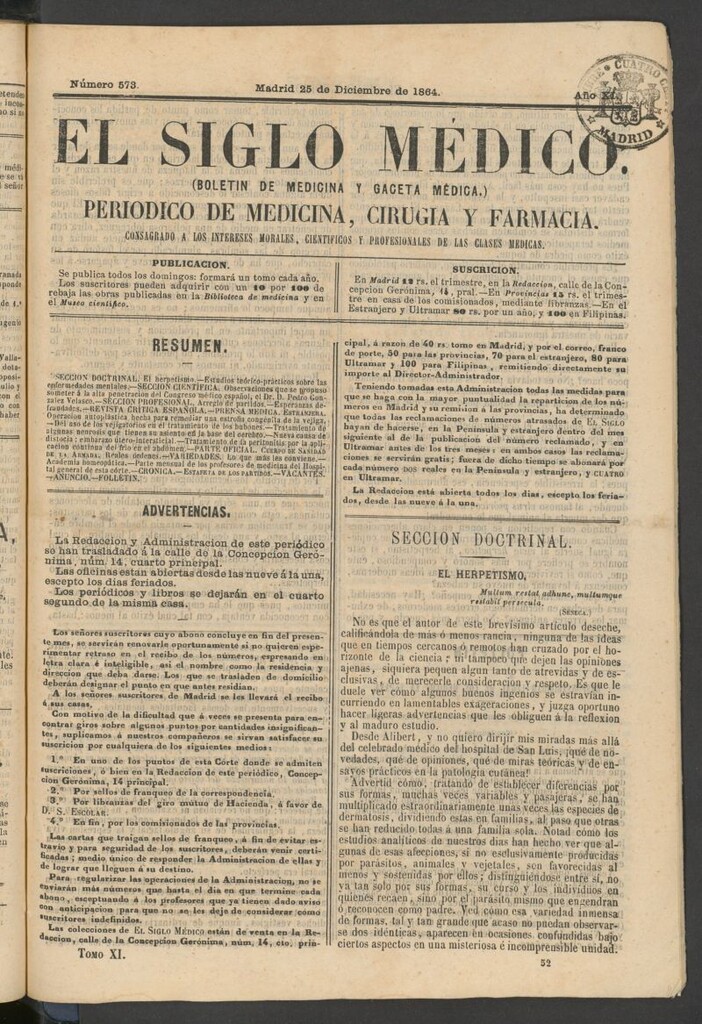 Miniatura de El Siglo Médico: boletín de medicina y gaceta médica del 25 de diciembre de 1864