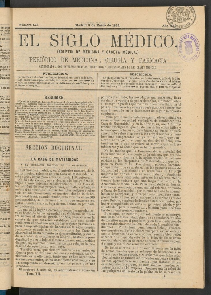 Miniatura de El Siglo Médico: boletín de medicina y gaceta médica del 8 de enero de 1865