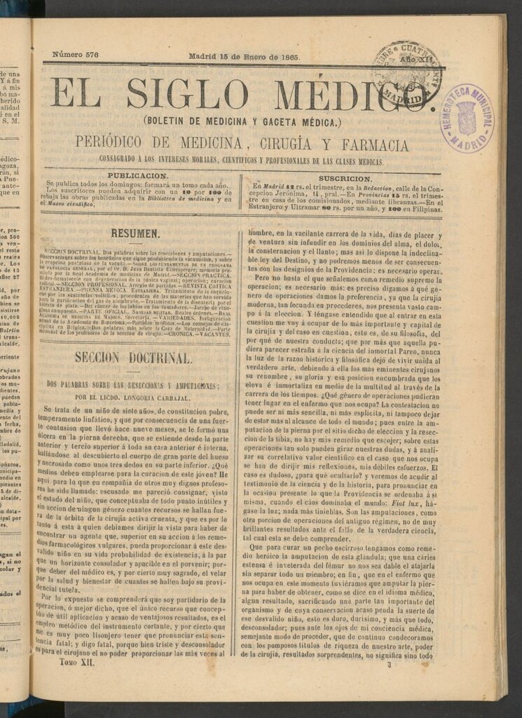Miniatura de El Siglo Médico: boletín de medicina y gaceta médica del 15 de enero de 1865