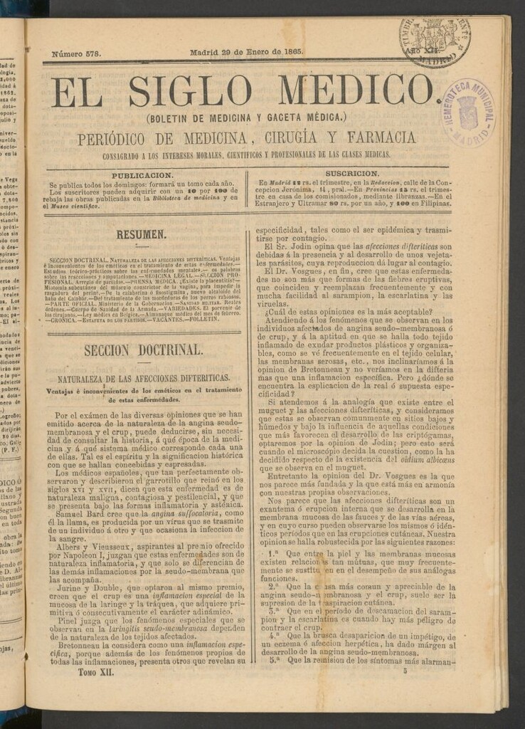 Miniatura de El Siglo Médico: boletín de medicina y gaceta médica del 29 de enero de 1865