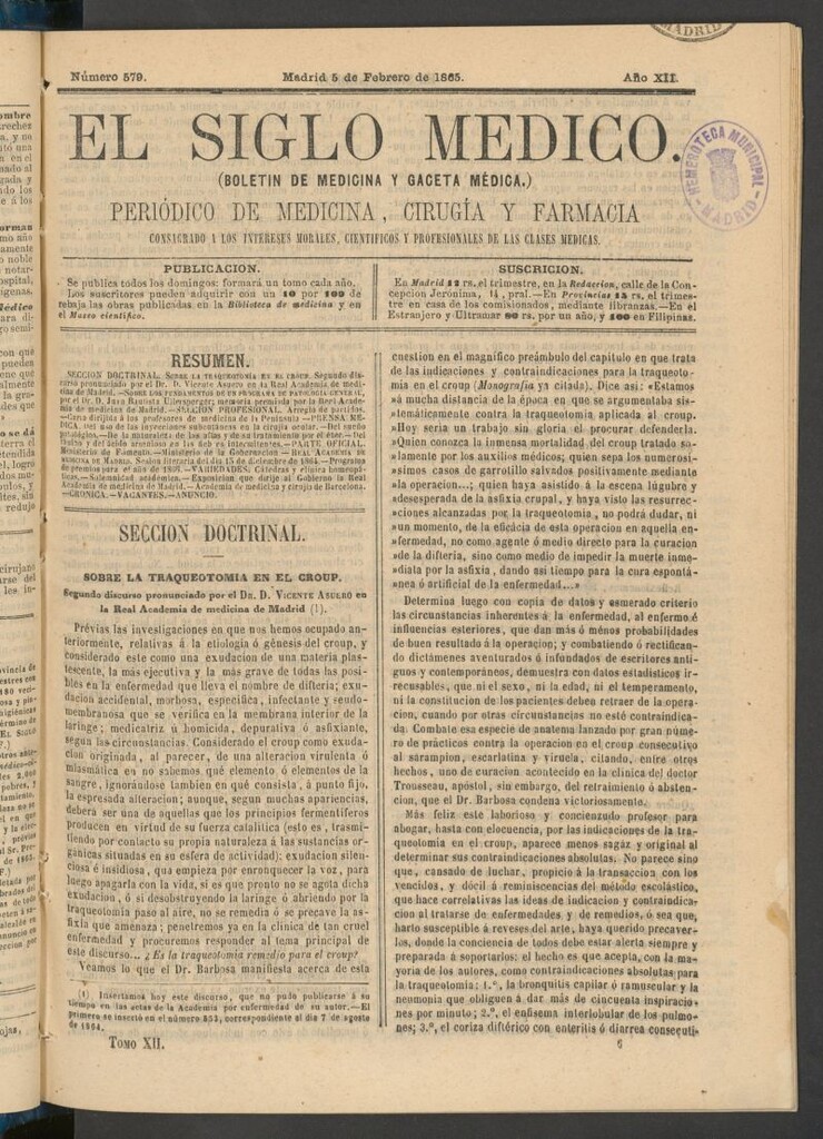 Miniatura de El Siglo Médico: boletín de medicina y gaceta médica del 5 de febrero de 1865