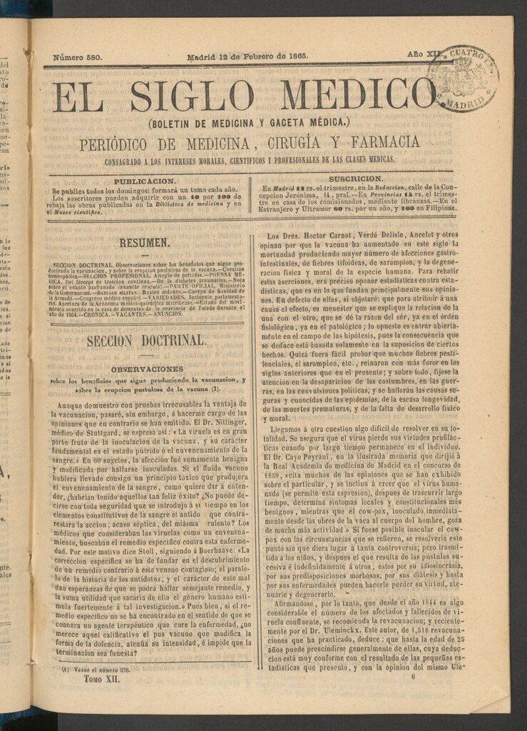 Miniatura de El Siglo Médico: boletín de medicina y gaceta médica del 12 de febrero de 1865