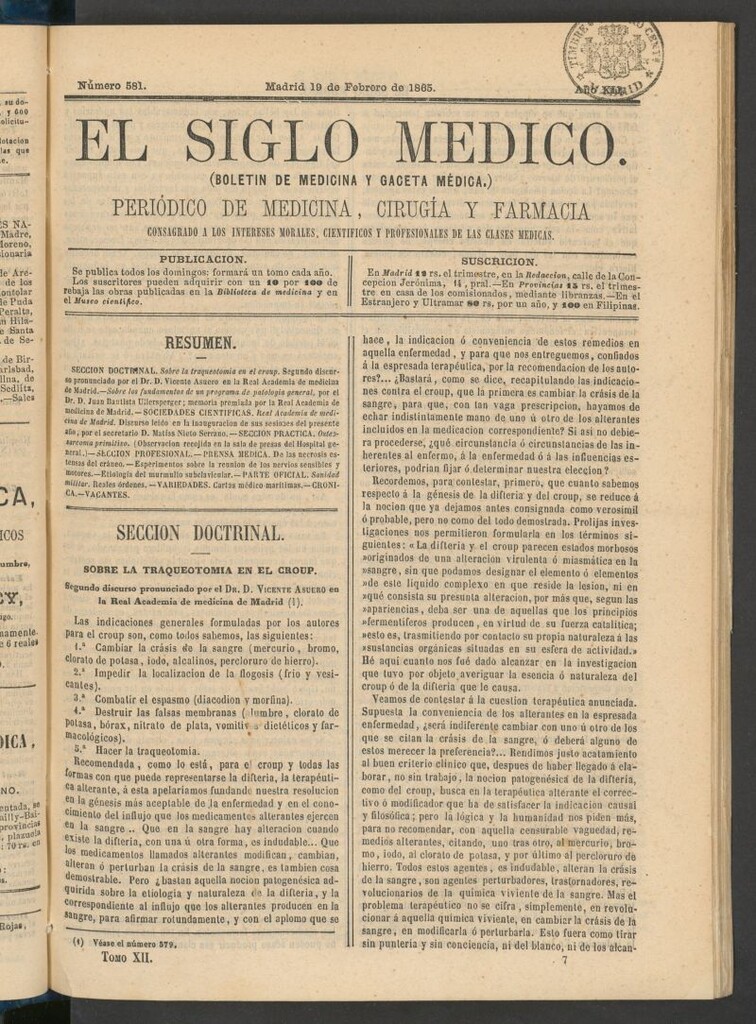 Miniatura de El Siglo Médico: boletín de medicina y gaceta médica del 19 de febrero de 1865
