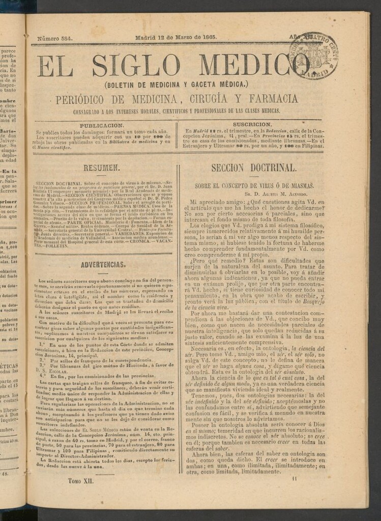 Miniatura de El Siglo Médico: boletín de medicina y gaceta médica del 12 de marzo de 1865