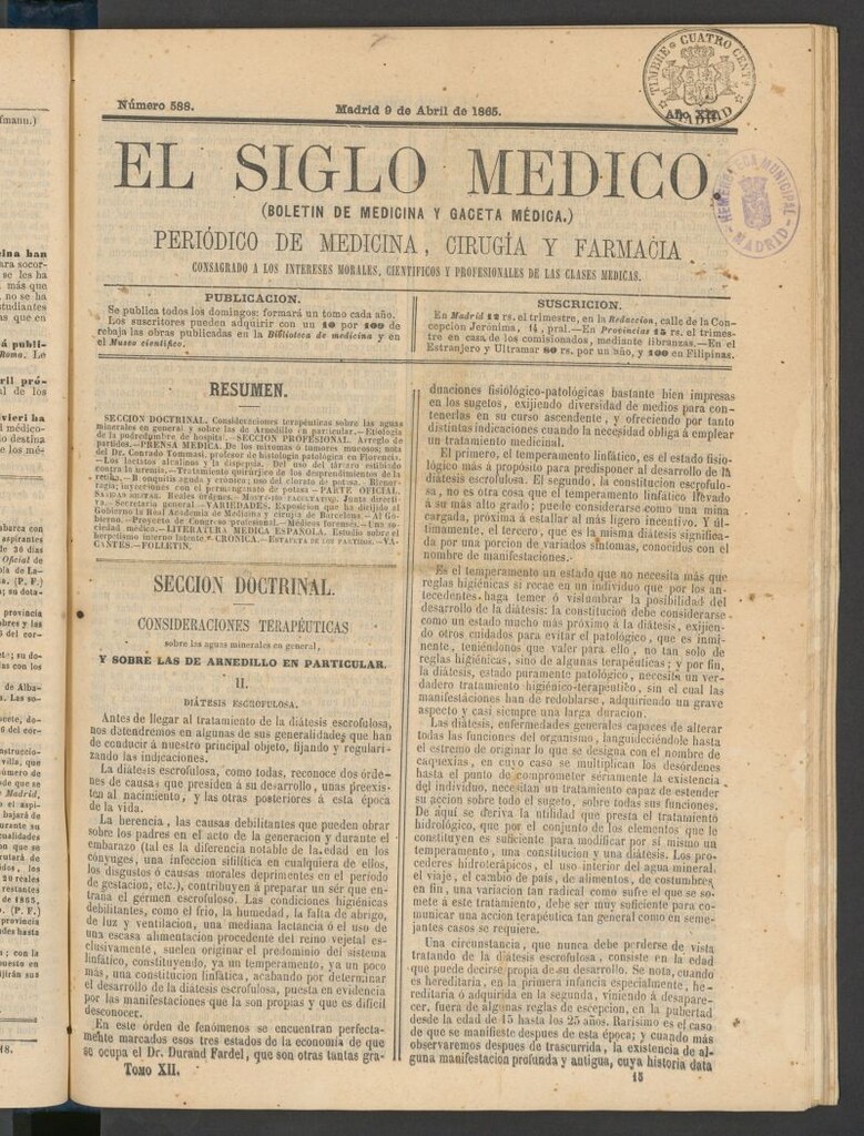 Miniatura de El Siglo Médico: boletín de medicina y gaceta médica del 9 de abril de 1865