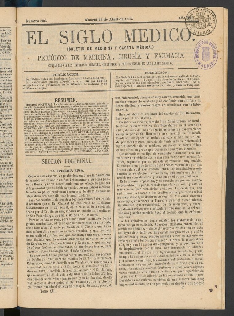 Miniatura de El Siglo Médico: boletín de medicina y gaceta médica del 23 de abril de 1865