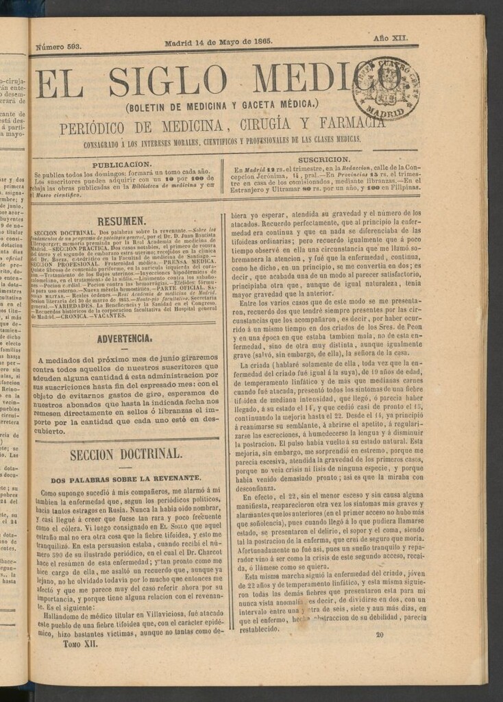 Miniatura de El Siglo Médico: boletín de medicina y gaceta médica del 14 de mayo de 1865