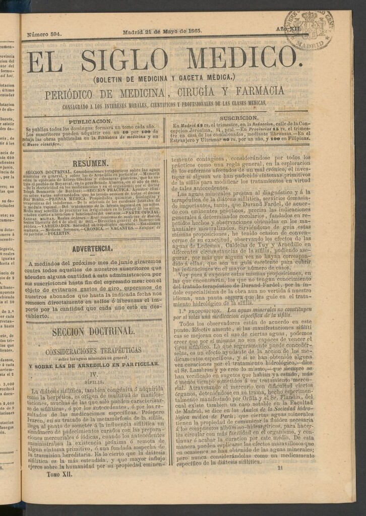 Miniatura de El Siglo Médico: boletín de medicina y gaceta médica del 21 de mayo de 1865
