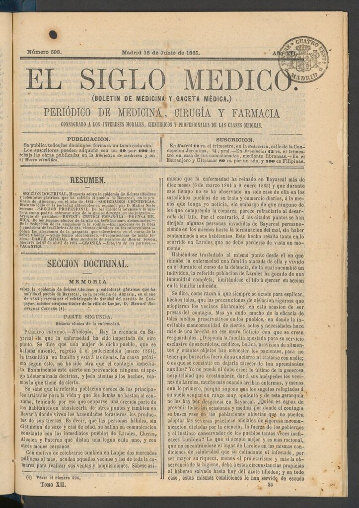 Miniatura de El Siglo Médico: boletín de medicina y gaceta médica del 18 de junio de 1865
