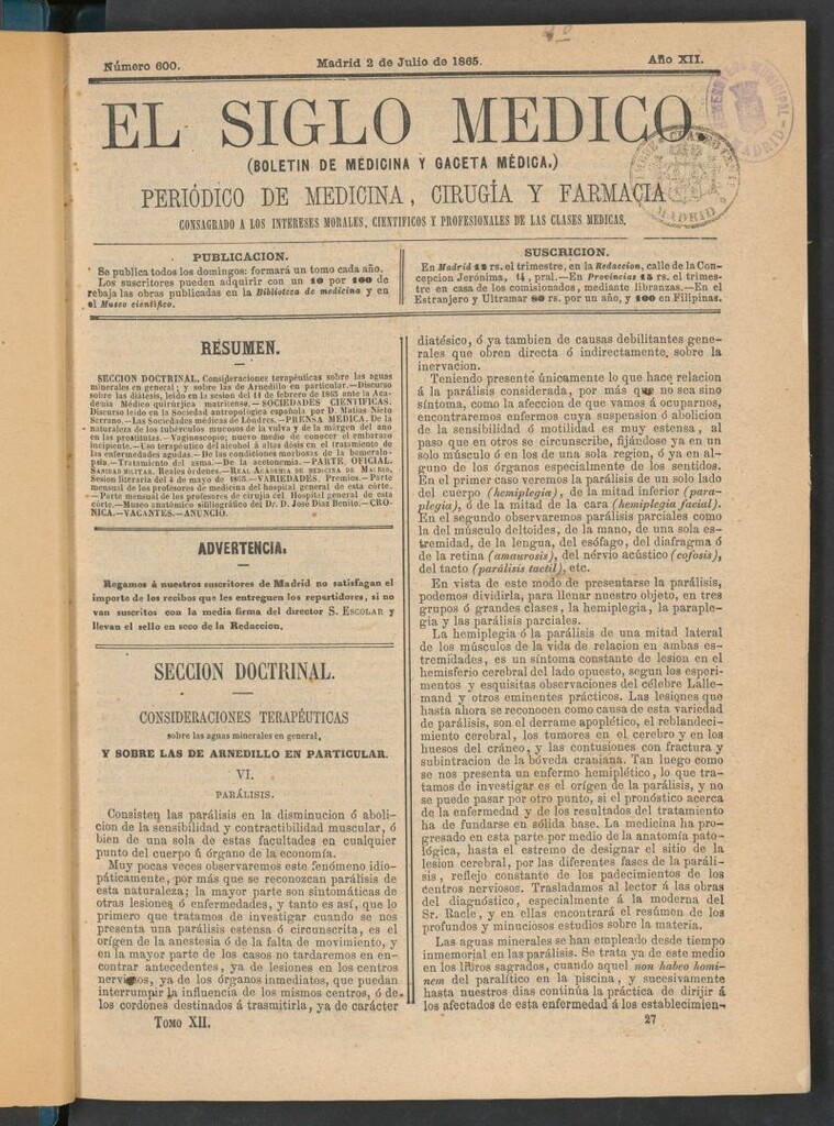 Miniatura de El Siglo Médico: boletín de medicina y gaceta médica del 2 de julio de 1865