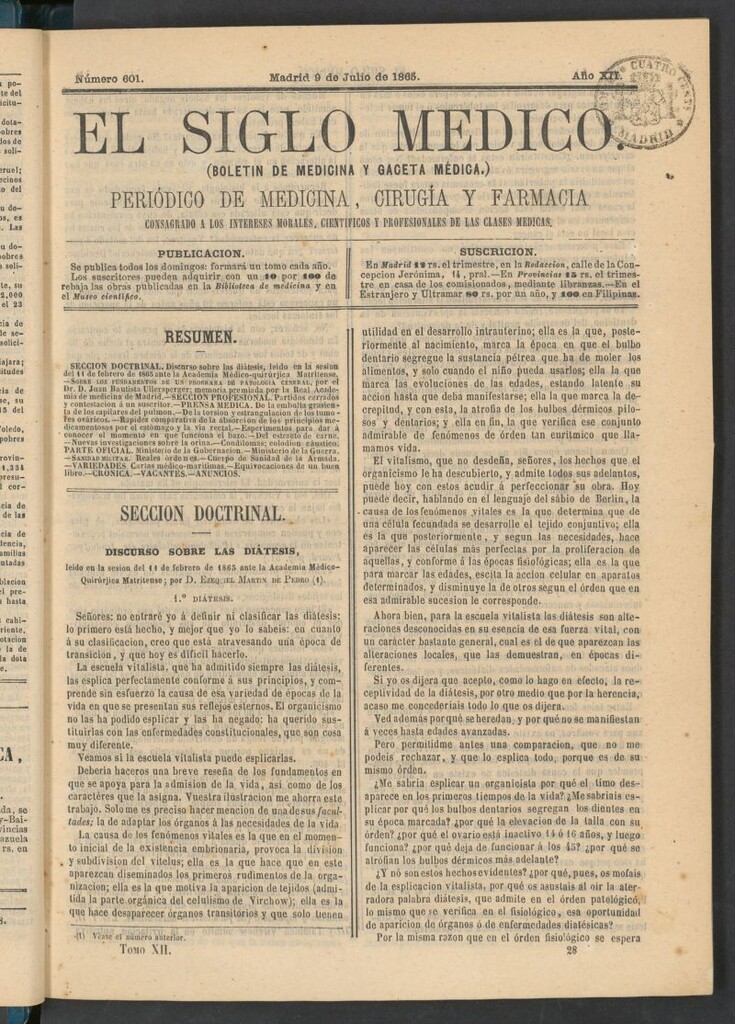 Miniatura de El Siglo Médico: boletín de medicina y gaceta médica del 9 de julio de 1865
