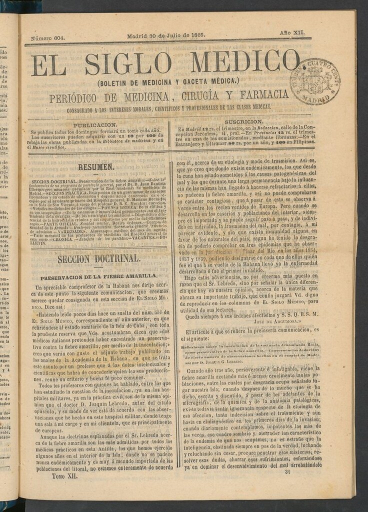 Miniatura de El Siglo Médico: boletín de medicina y gaceta médica del 30 de julio de 1865