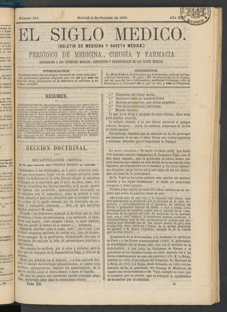 Miniatura de El Siglo Médico: boletín de medicina y gaceta médica del 8 de octubre de 1865
