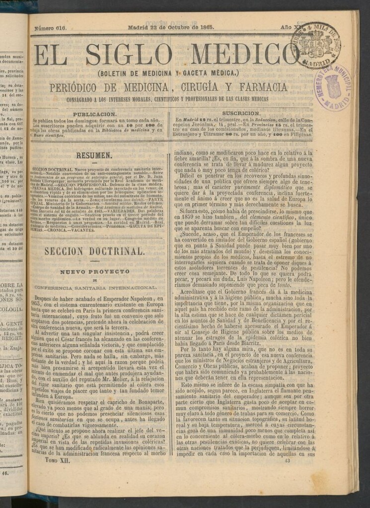 Miniatura de El Siglo Médico: boletín de medicina y gaceta médica del 22 de octubre de 1865